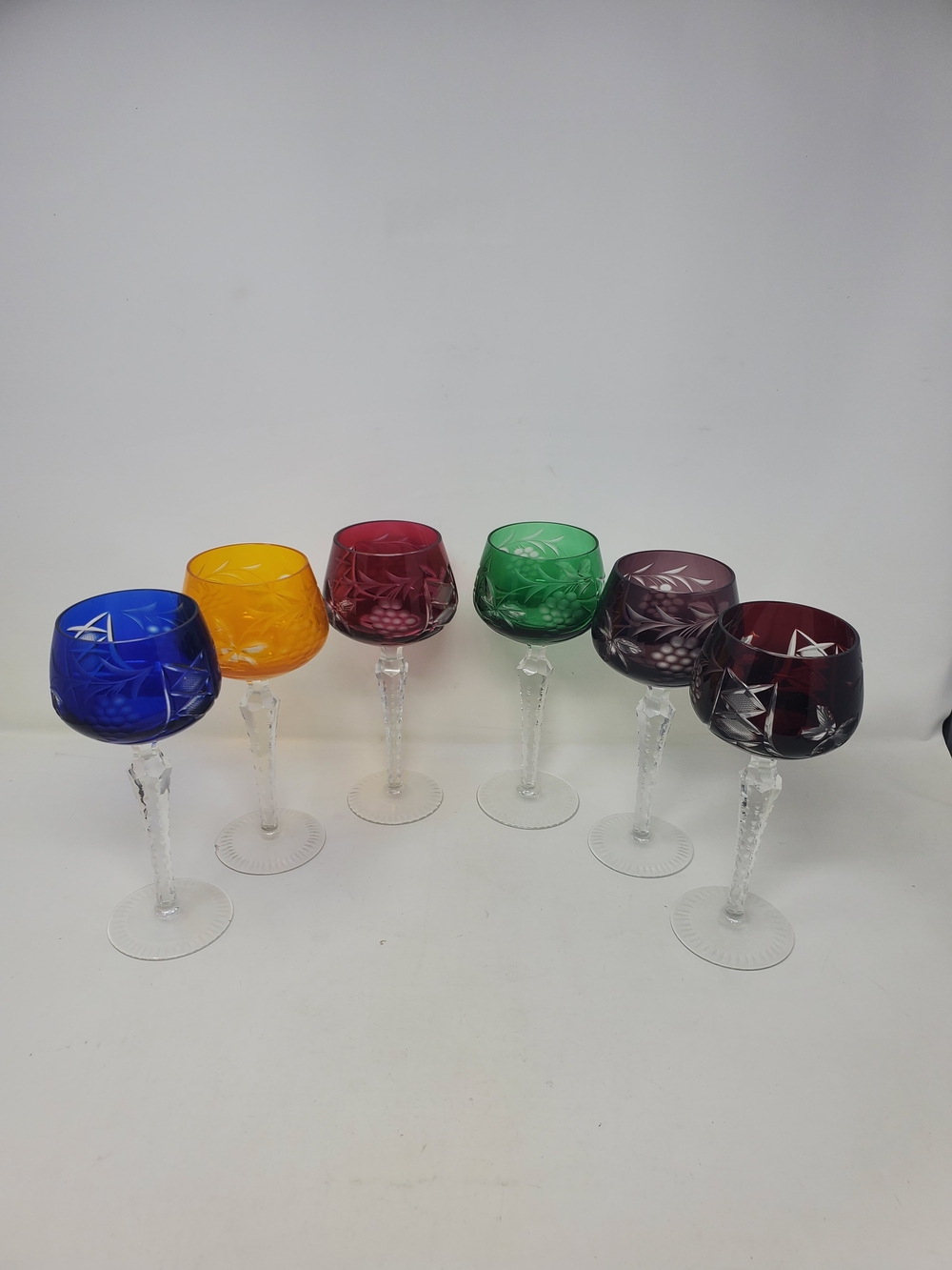 Colored Cut Glass Wine Goblets Set of 6 - Blue, Yellow, Red, Green, Amethyst